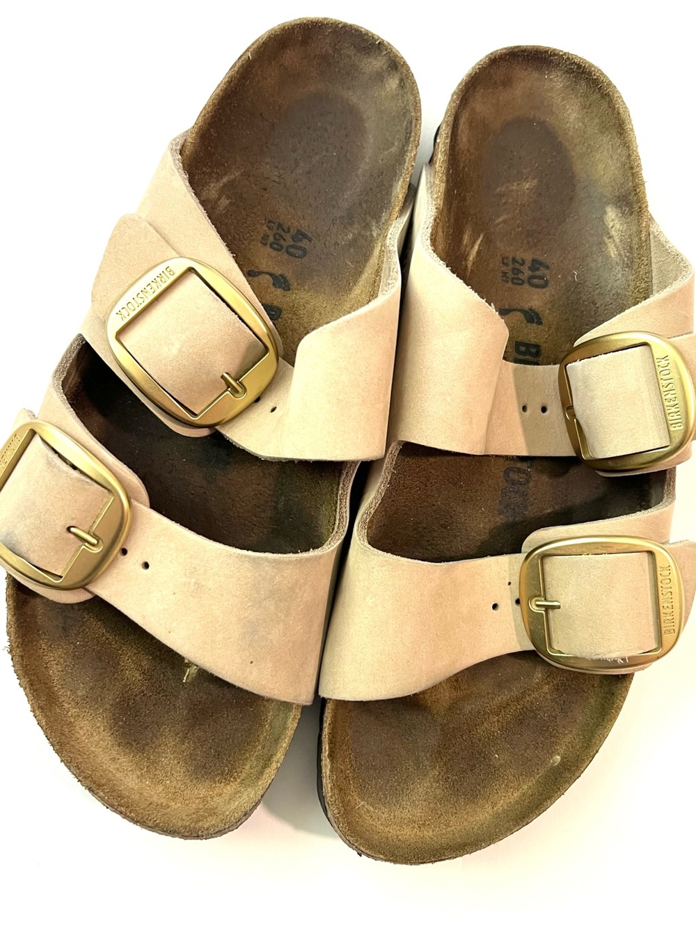 Birkenstock Arizona Double Buckle Sandals - Beige with Gold Buckles